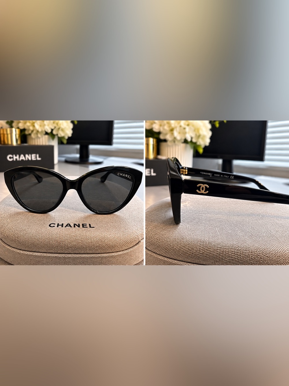 CHANEL Women's Black Cat-Eye Sunglasses with Gold CC Accent